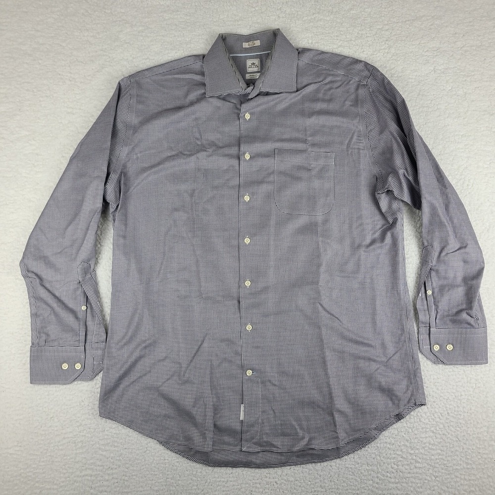 Peter Millar Shirt Mens 17 Long Blue Brown Nanoluxe Easy care Dress Button Up *